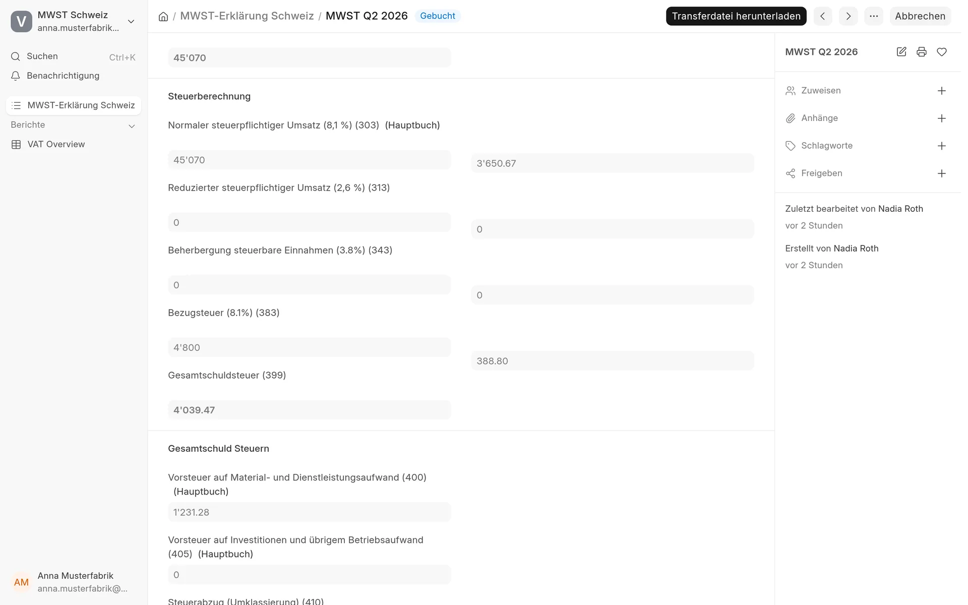 MWST-Abrechnung in ERPNext mit den Ziffern 303 bis 400