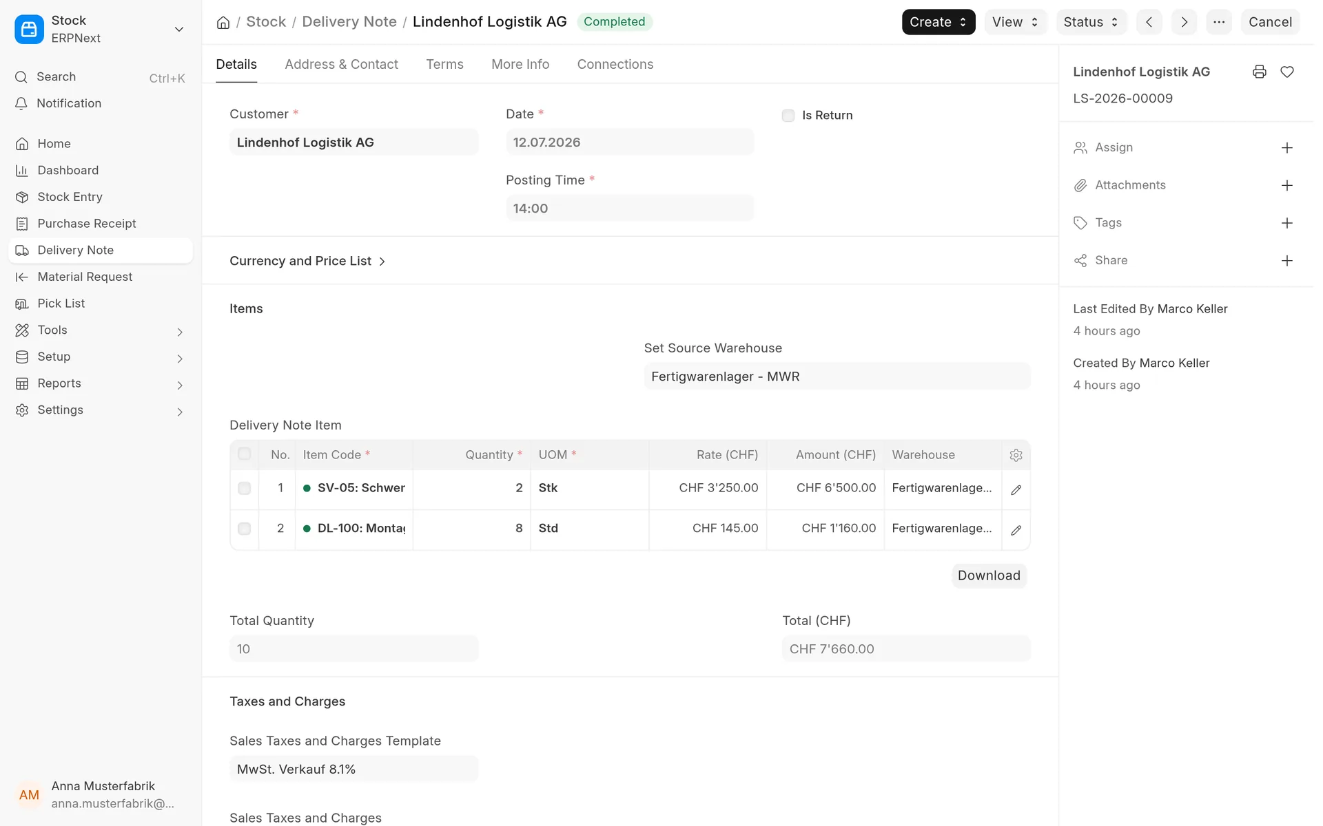Delivery note in ERPNext with items and warehouse