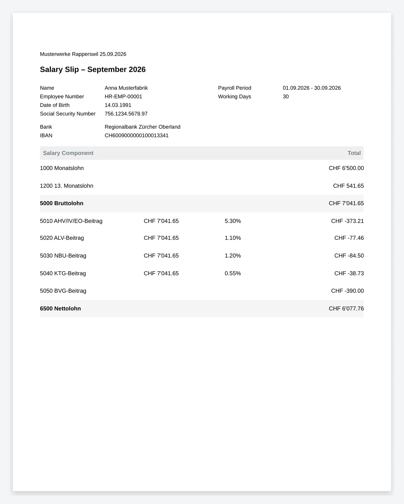 Payslip from ERPNext with Swiss social insurance deductions