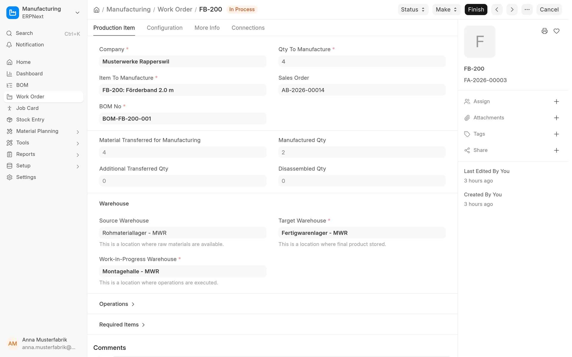 Work order in ERPNext with produced quantity and warehouses
