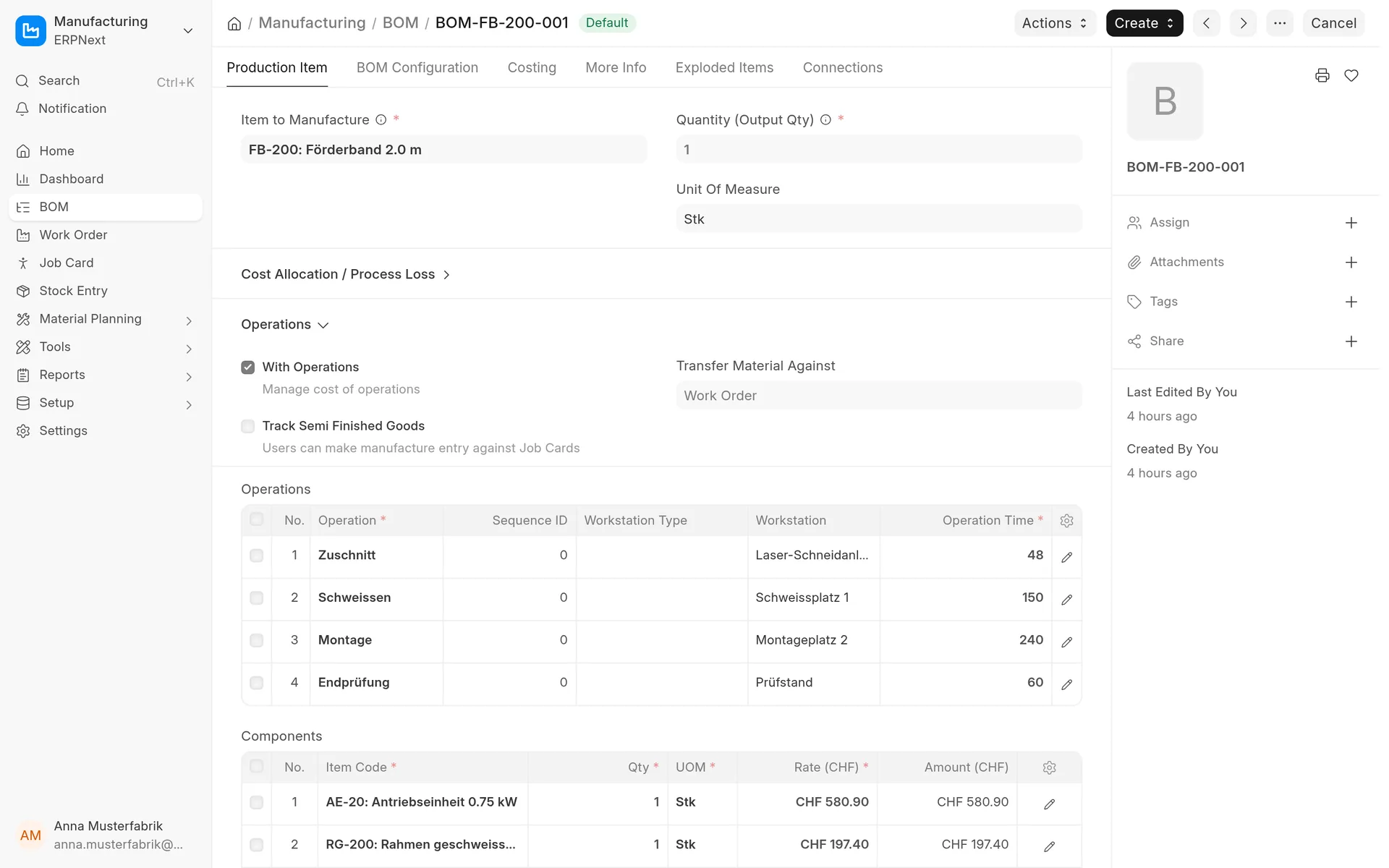 Bill of materials in ERPNext with operations and material costs