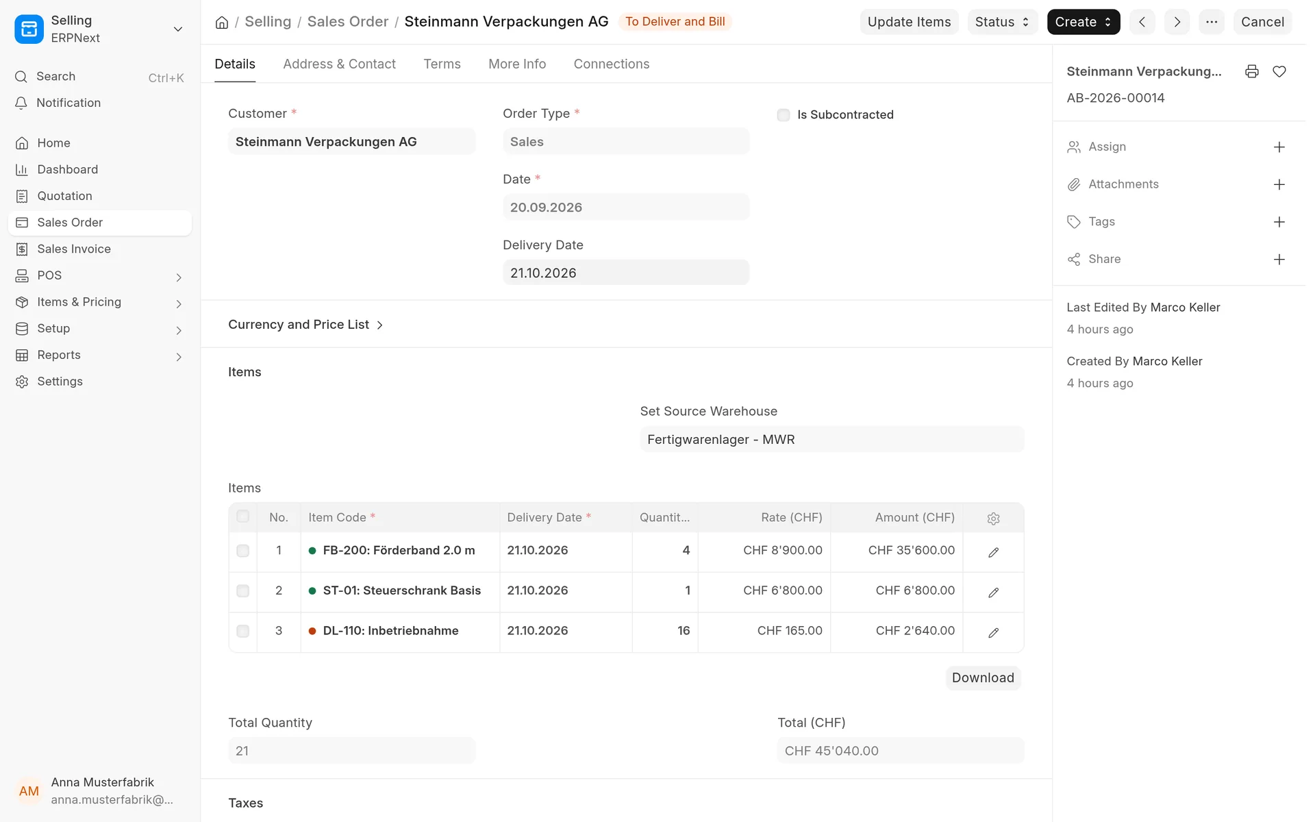 Sales order in ERPNext with items and CHF amounts