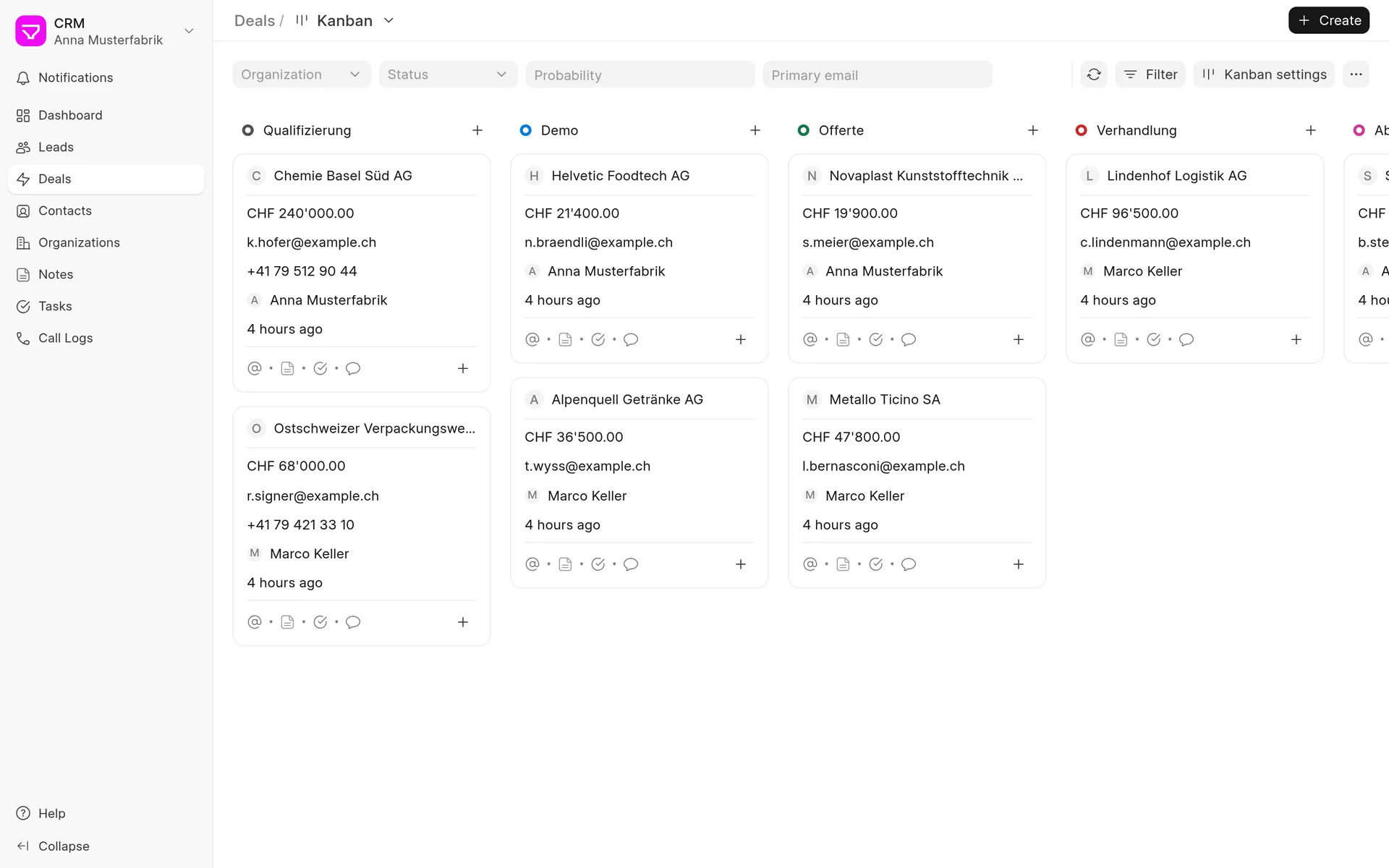 Deals in Frappe CRM on a kanban board