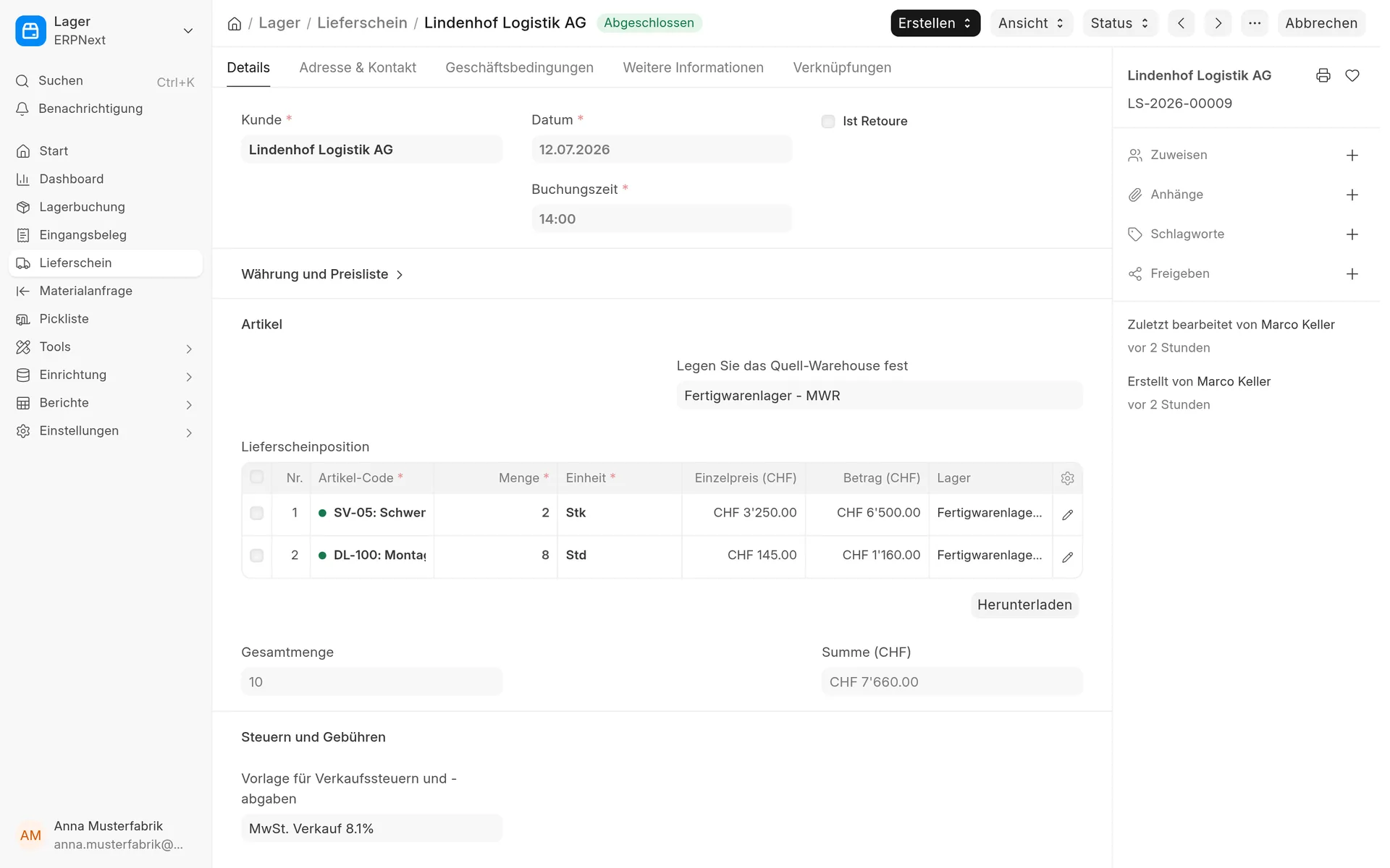 Lieferschein in ERPNext mit Artikeln und Lager