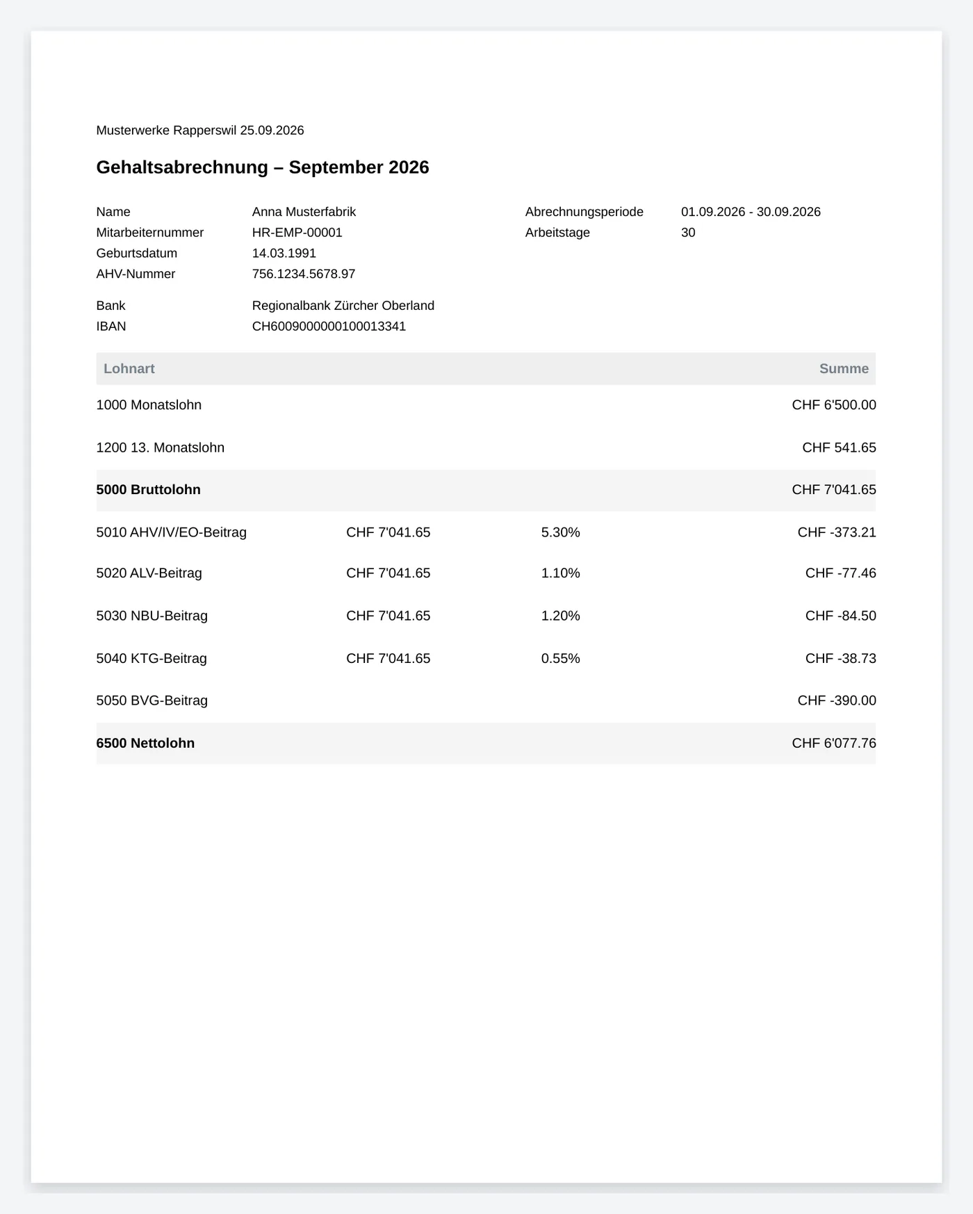 Lohnabrechnung aus ERPNext mit AHV, ALV, NBU, KTG und BVG