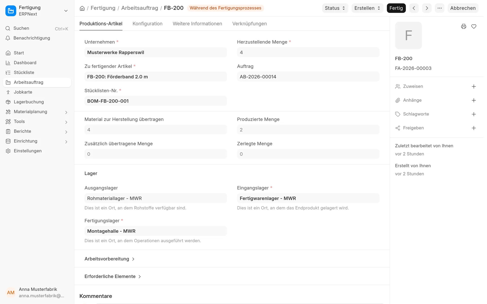 Arbeitsauftrag in ERPNext mit produzierter Menge und Lagern