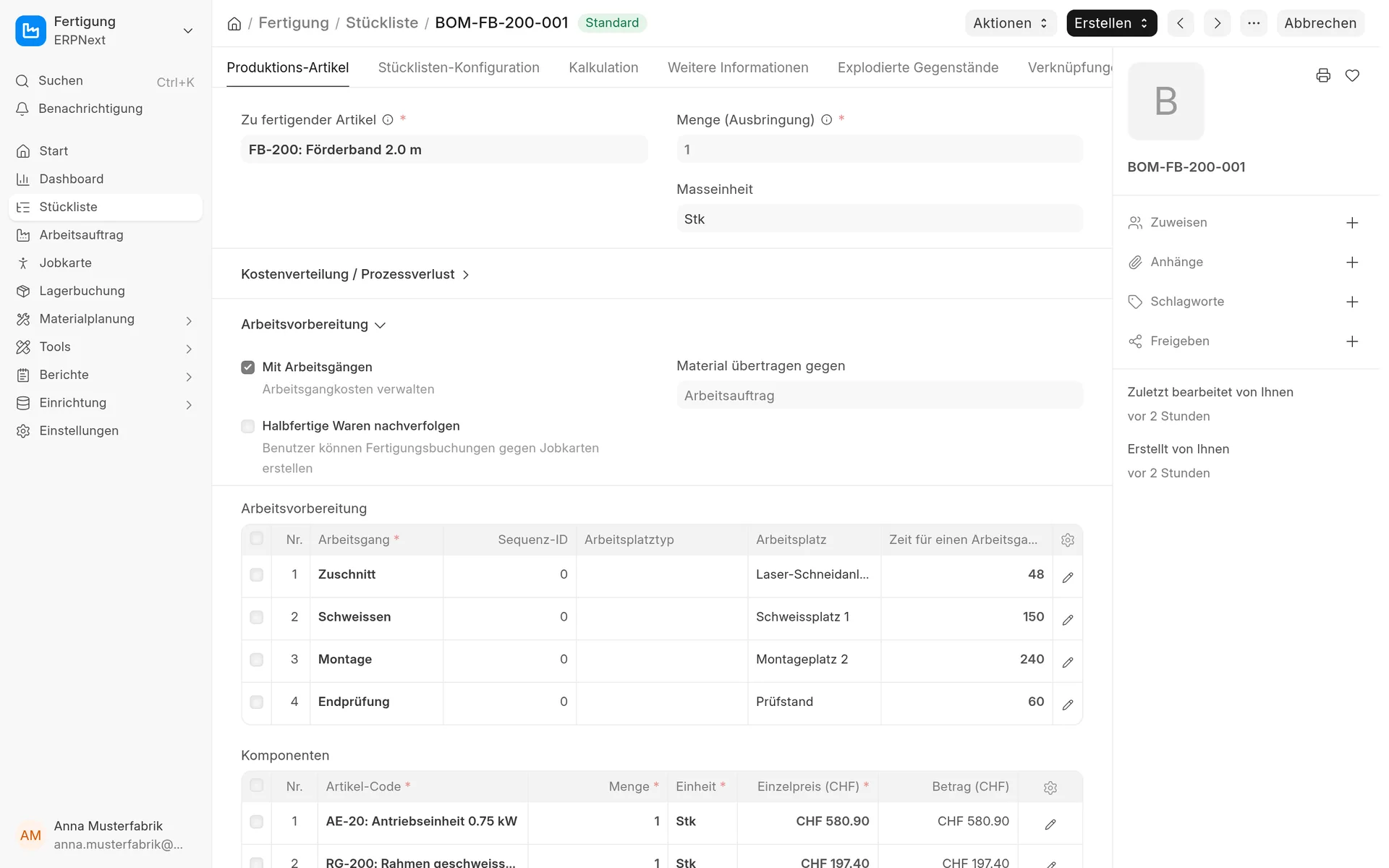 Stückliste in ERPNext mit Arbeitsgängen und Materialkosten