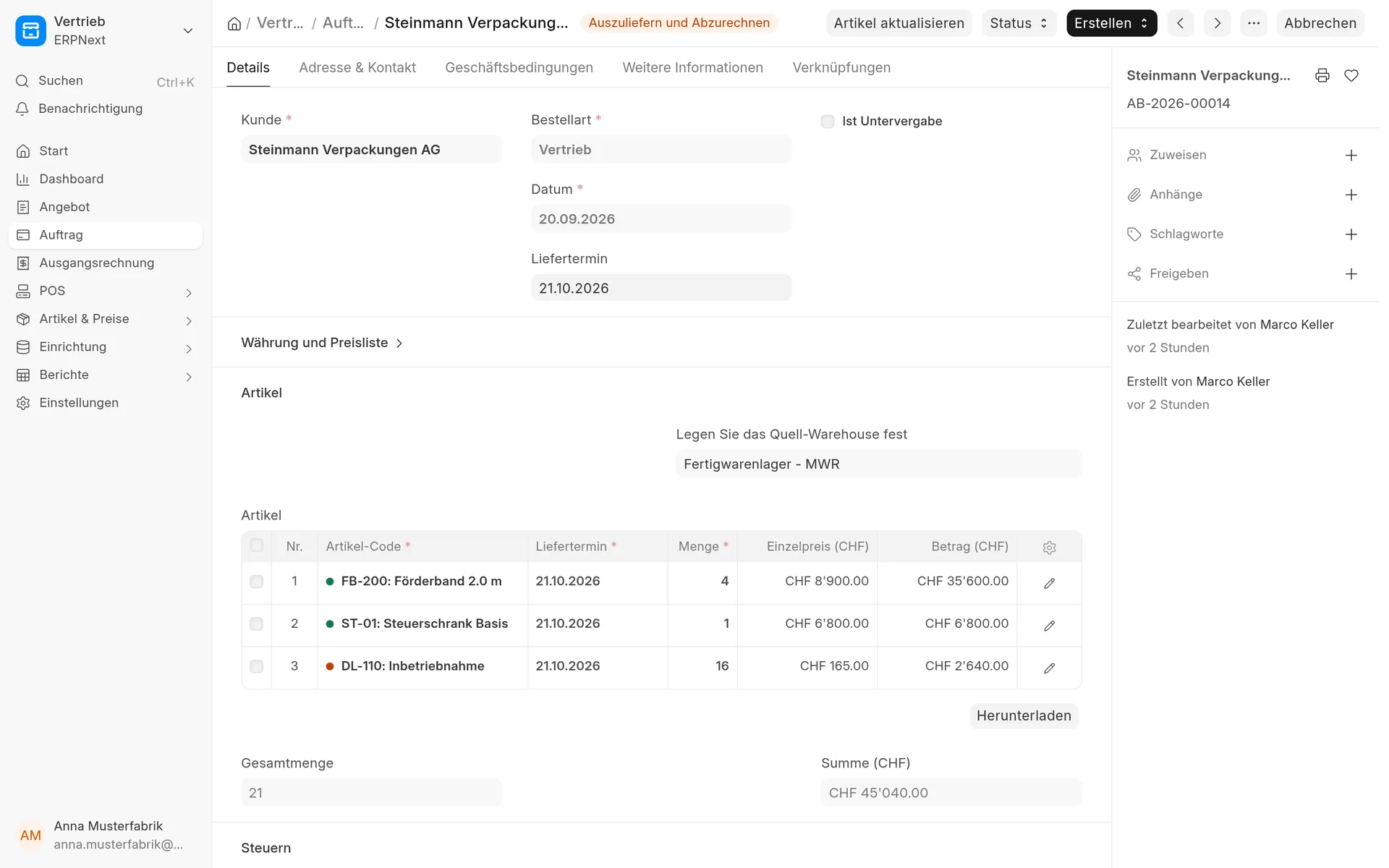 Kundenauftrag in ERPNext mit Positionen und CHF-Beträgen